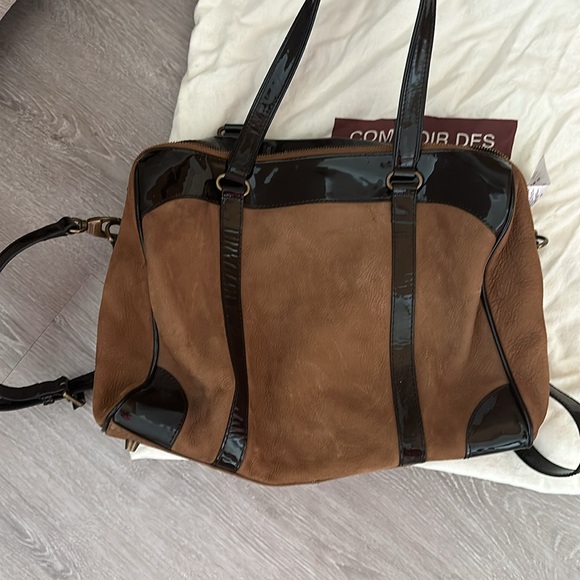 COMPTOIR DES CONTONNIERS CHOCOLATE BROWN SUEDE & PATENT LEATHER TRIM HAN… - Picture 6 of 8